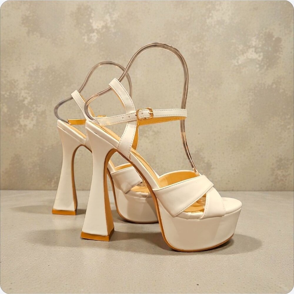 White Faux Leather Platform High Heel Sandals With Ankle Strap & Block Heel